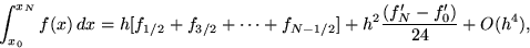 \begin{displaymath}
\int_{x_0}^{x_N} f(x) \, dx = h [ f_{1/2} + f_{3/2} + \cdots...
...N-1/2} ]
+ h^2 {(f^\prime_N - f^\prime_0) \over 24} + O(h^4) ,
\end{displaymath}